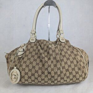 GUCCI GG Canvas Leather Medium Sukey Bag Beige Made in Italy